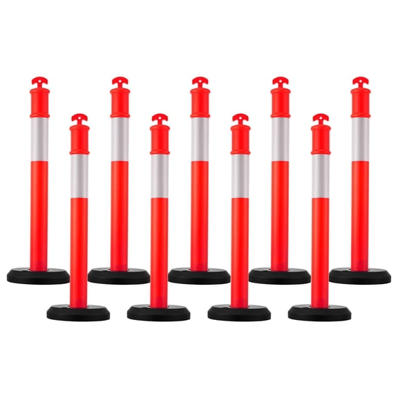 Dranite 9-Pack 48-Inch Heavy-Duty Traffic Delineator Posts with Weighted Base & Reflective Strips - for Construction, Parking Lot, Crowd Control - Red