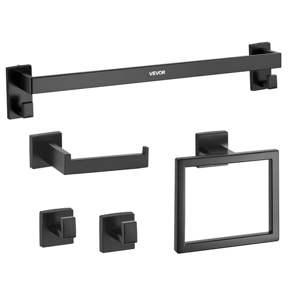 Dranite 5-Piece Matte Black Stainless Steel Bathroom Set: 24-Inch Towel Bar, Towel Rack, 2 Double Robe Hooks and Toilet Paper Holder, Wall Mounted Bathroom Accessories