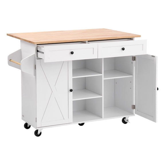 Dranite 52-Inch Kitchen Island Cart with Drop Leaf, Rolling Storage Cabinet and Drawer - Mobile Kitchen Table with Butcher Block Top