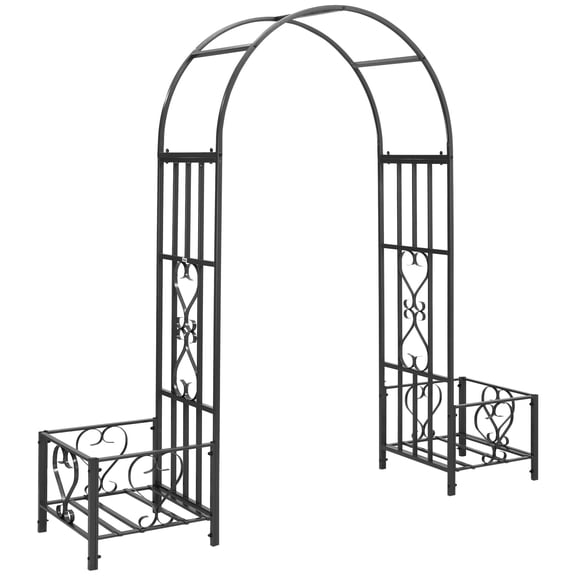 Dranite 6.7' Metal Garden Arch, Gate, Planters, Water-Resistant Dark Gray