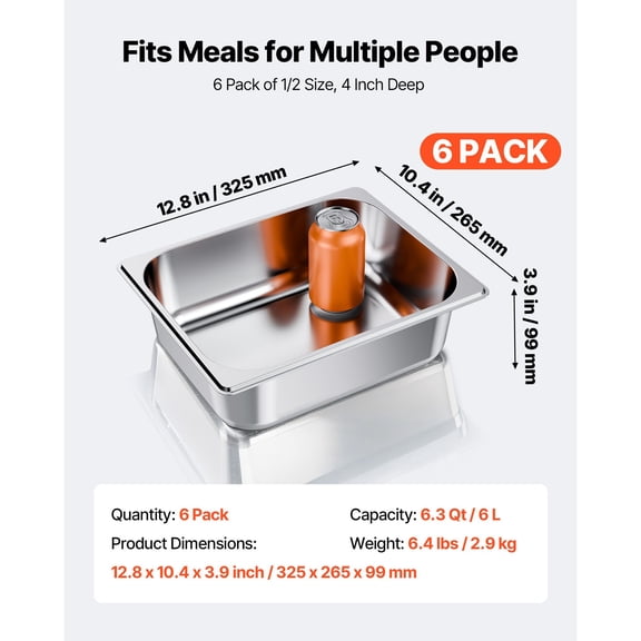 Dranite 6-Pcs 1/2 Size Anti-Jam Steam Pans, 4 Inch Deep Stainless Steel Catering Pans, Reusable Restaurant and Buffet Food Storage
