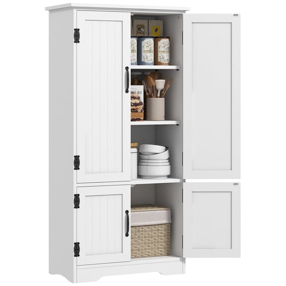 Dranite 64" Tall Kitchen Pantry Cabinet with Motion Sensor Light, Spice Racks and Adjustable Shelves, White