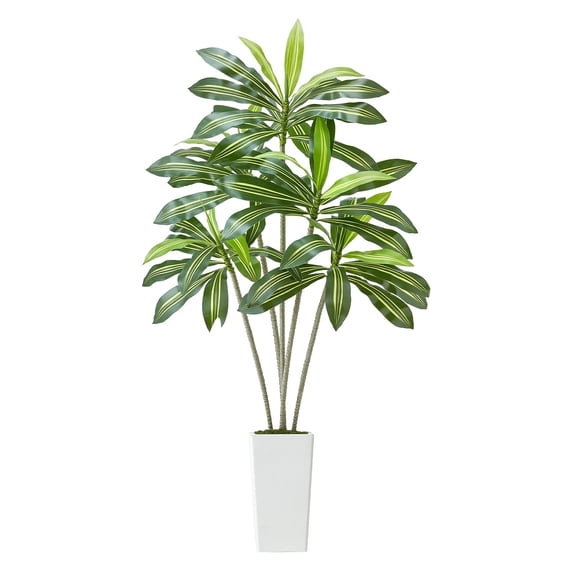 Dranite 6ft Artificial Dracaena Tree in White Planter - Faux Tropical Palm Silk Plant for Indoor/Outdoor Home, Office, Living Room Decor Housewarming Gift
