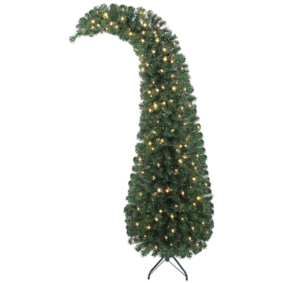 Dranite 6ft Green Bent Top Whimsical Christmas Tree, Slim Mountain Fir Xmas Tree with 200 LEDs and Metal Base
