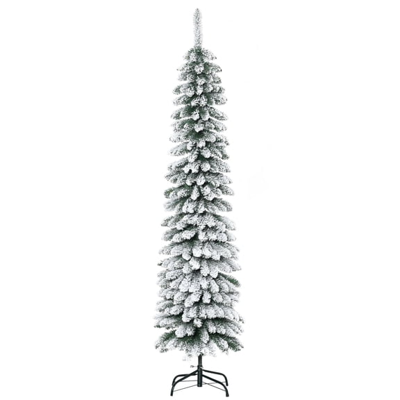 Dranite 6ft Green Snow Flocked Pencil Christmas Tree, 395 Realistic Branches Slim Xmas Tree with Metal Base