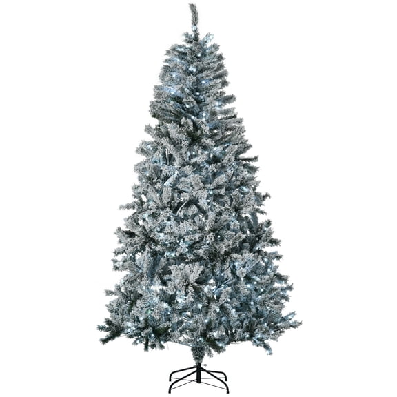 Dranite 7.5ft Pre Lit Green Snow Frosted Flocked Christmas Tree Cold White LED Lights Auto Open Decor