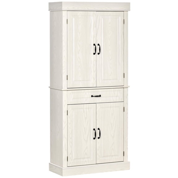 Dranite 71 Inch Distressed White Tall Kitchen Pantry Cabinet, 4 Door Storage Unit with 2 Large Cabinets & Functional Drawer