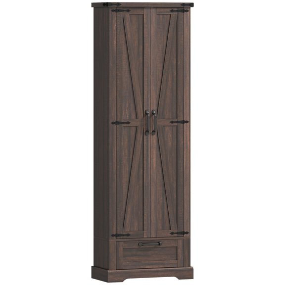 Dranite 71 Inch Tall Kitchen Pantry Storage Cabinet with Barn Doors, Drawer & Adjustable Inner Shelves for Dining Space, Brown Finish