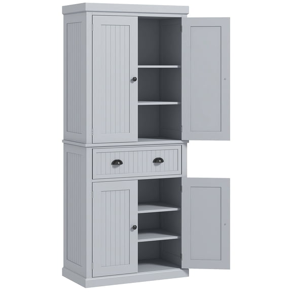 Dranite 72 Kitchen Pantry Cabinet Storage, Freestanding Cupboard with Drawer 4 Doors Adjustable Shelves, Gray