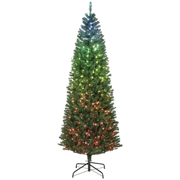 Dranite 7ft Hinged Slim Fir Christmas Tree, DIY Colorful Synchronous Light Xmas Tree with Remote and Timer