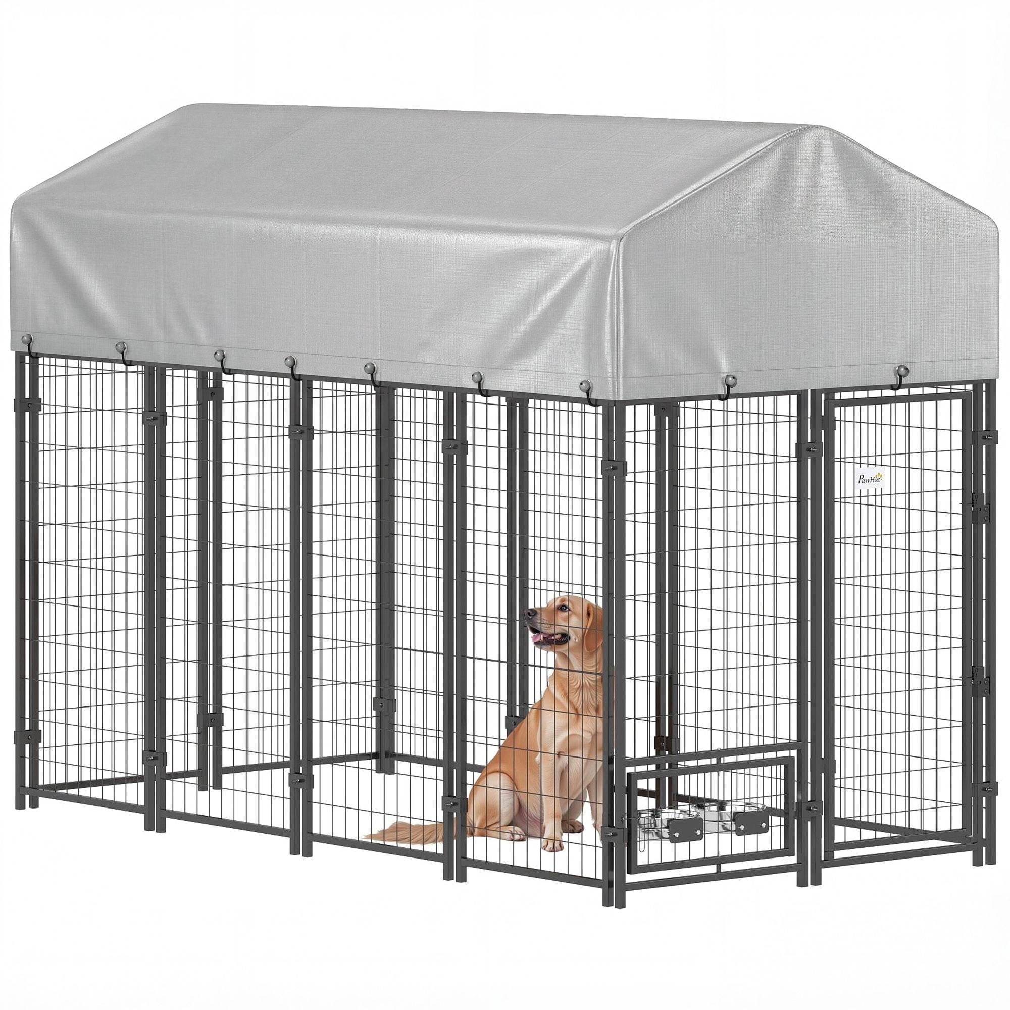 Dranite 8' x 4' x 6' Outdoor Dog Kennel with Covered Run, 360° Rotating Bowls