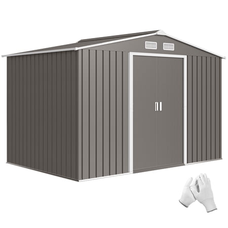 Dranite 9' x 6' Outdoor Storage Shed, Garden Tool Metal Shed with Foundation Kit, Light Gray