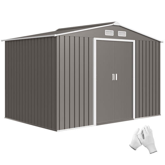 Dranite 9' x 6' Outdoor Storage Shed, Garden Tool Metal Shed with Foundation Kit, Light Gray