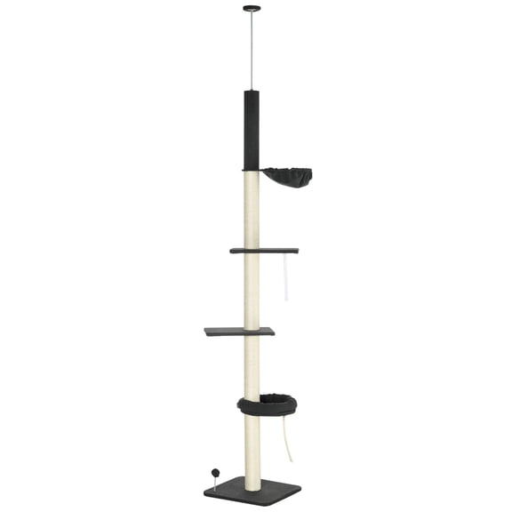 Dranite 95-106 Inch Adjustable 5-Tier Floor to Ceiling Cat Tree, Black Cream Climbing Tower with Hammock & Toy Ball