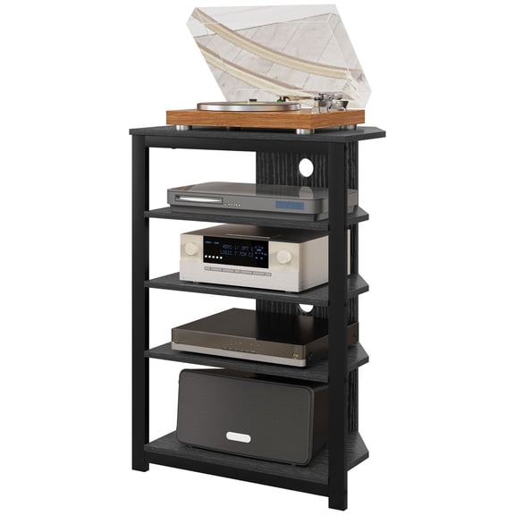 Dranite Black Living Room TV Entertainment Center Stand, Open Storage Shelves & Stable Steel Frame TV Console Table