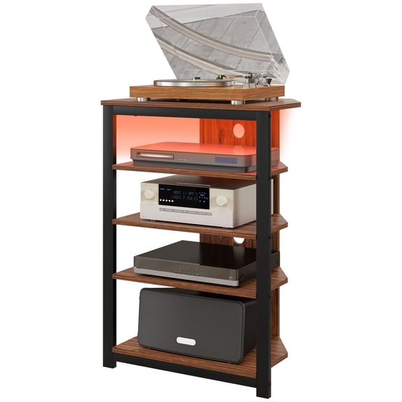 Dranite Brown Corner AV Media TV Stand with LED Lighting, Multi Storage Shelves & Steel Frame Audio Tower for Living Room