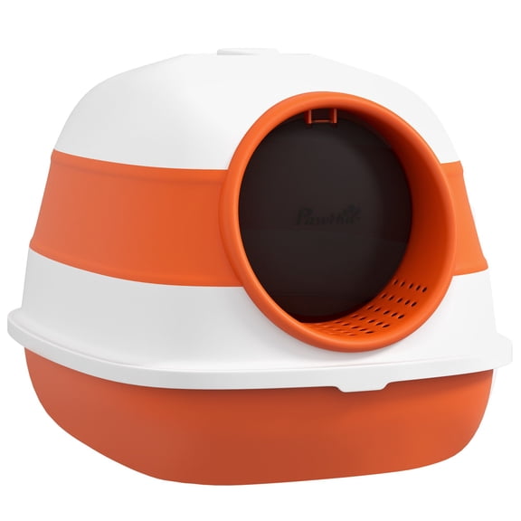 Dranite Cat Litter Box w/ Lid, High Sides, 2-Way, Foldable, White/Orange