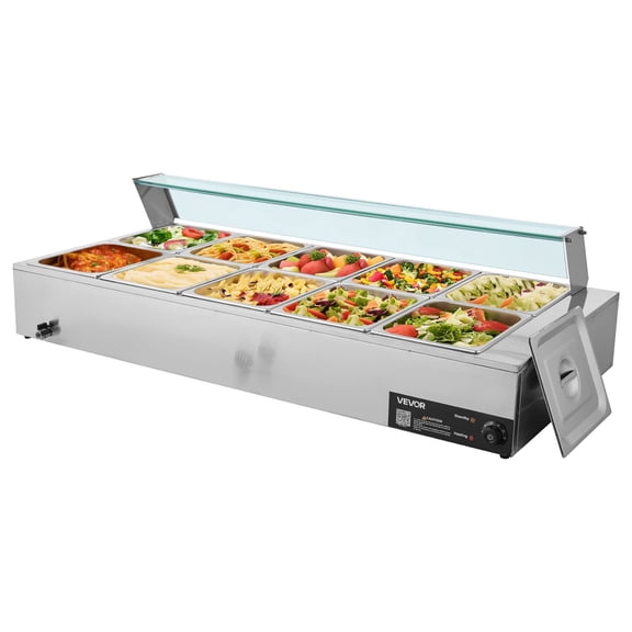 Dranite Commercial 1700W Food Warmer - Stainless Steel Steam Bain Marie with Glass Lid, 10-Pan Countertop Buffet Server Includes Soup & Perforated Ladles, for Catering, Restaurants & Parties
