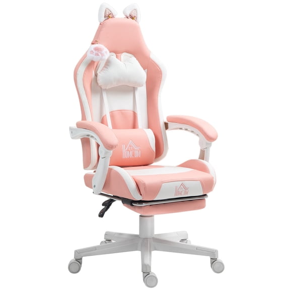 Dranite Cute Pink Gaming Chair, Faux Leather Racing Chair with Footrest, Headrest and Lumbar Support