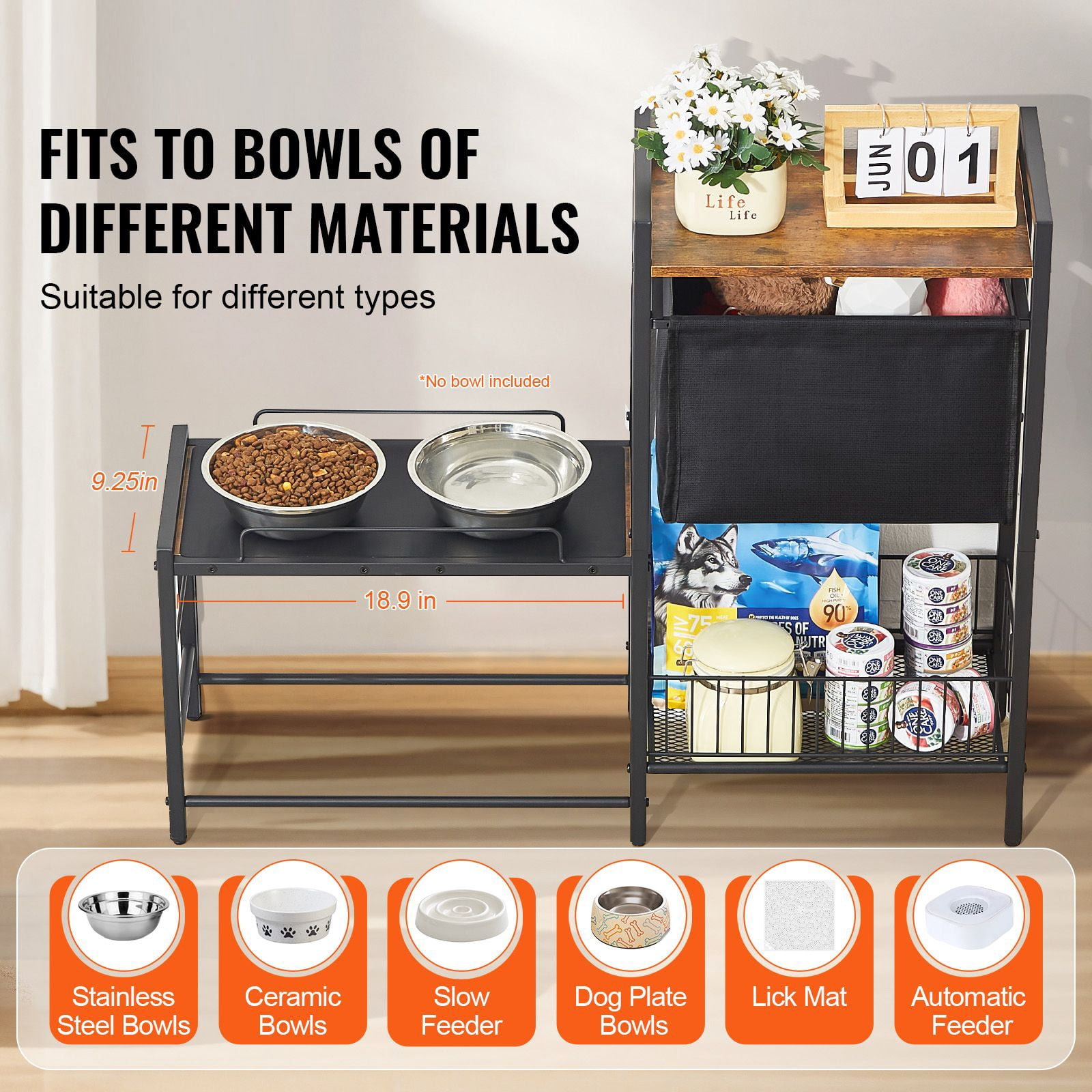 Dranite Elevated Pet Feeding Station with Storage, Raised Dog Bowls, Food Storage Shelves