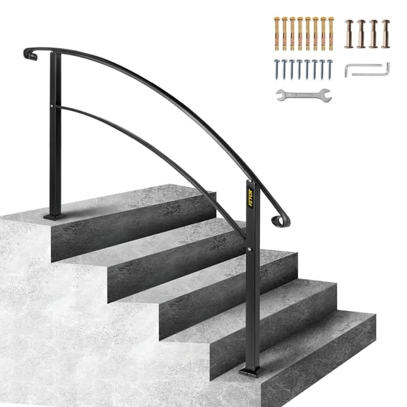 Dranite Flexible Outdoor Handrail for 1-5 Steps, Black Wrought Iron Stair Railing - Front Porch Safety Rail for Concrete or Wooden Stairs, Easy Install