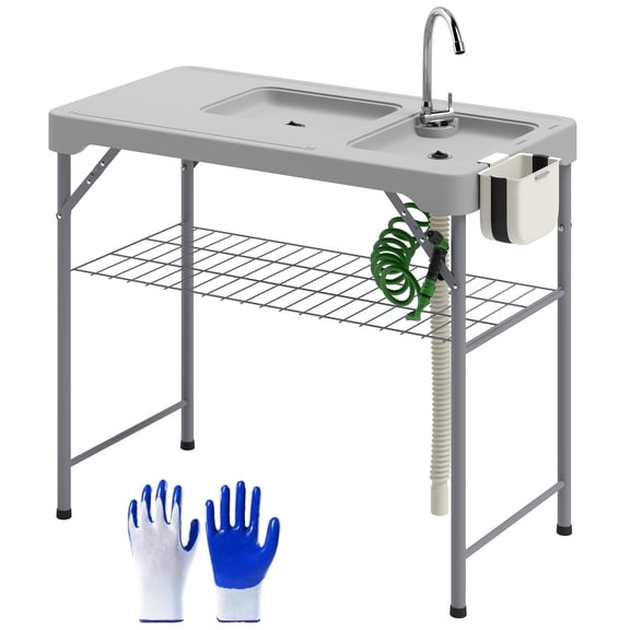 Dranite Folding Fish Cleaning Table with Sinks & Sprayer, Portable Camping Sink Station with Fauce