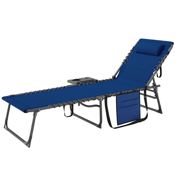 Dranite Folding Outdoor Chaise Lounge Chair, Tanning Chair with 5-Level Adjustable Back Side Table Pillow & Pocket, Dark Blue