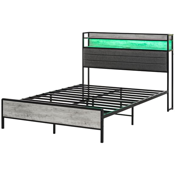 Dranite Full Bed Frame, Storage Headboard, LED, Charging, Cement Gray