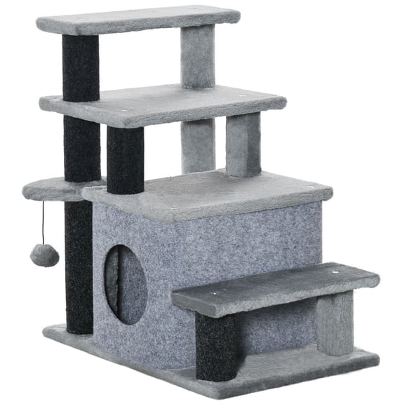 Dranite Gray Adjustable 3/4-Step Cat Stairs, Multifunctional Pet Ladder with Scratching Post, Cat Condo & Toy Ball