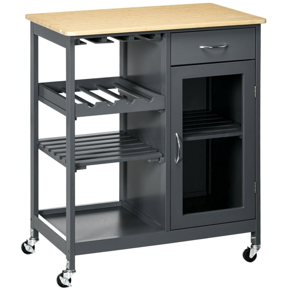 Dranite Gray Kitchen Island Cart, Rolling Utility Cart with Wine Rack, Shelves & Cabinet