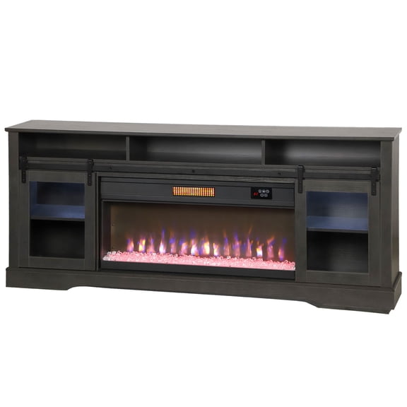 Dranite Gray TV Console with Built-in Electric Fireplace, Support Max 80 Inch TV, Open Storage & Side Storage Cabinets