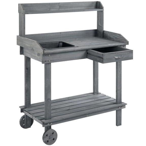 Dranite Gray Wooden Potting Bench with Rolling Wheels, Sink, Drawer and Multiple Storage Compartments