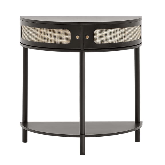 Dranite Half-Moon Console Table with Rattan Sliding Doors & 2 Drawers - Black Finish - Space-Saving Entryway Storage
