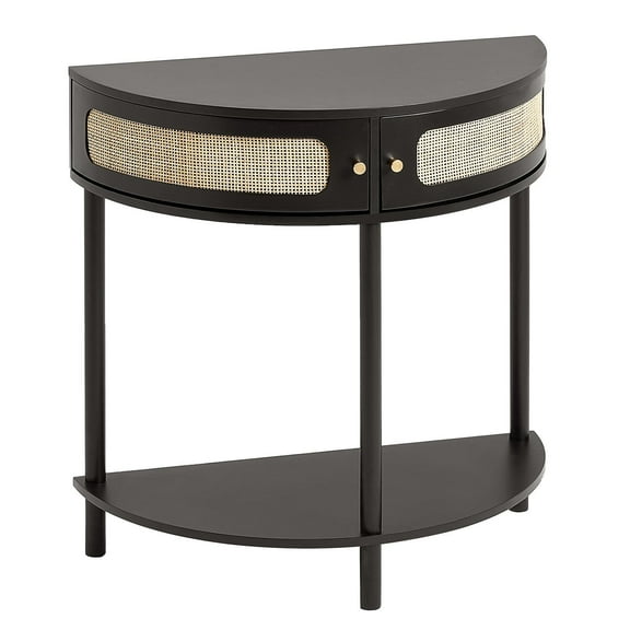 Dranite Half-Moon Console Table with Rattan Sliding Doors & 2 Drawers - Black Finish - Space-Saving Entryway Storage