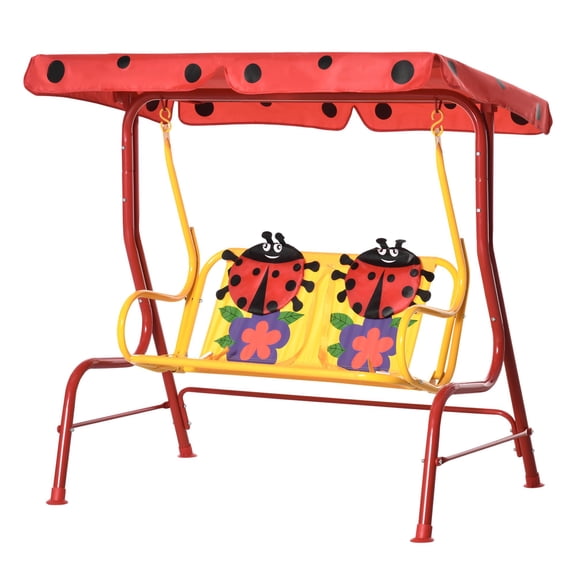 Dranite Kids Porch Swing with Adjustable Canopy & Seatbelt  Ladybug Pattern, Red, Ages 3-6