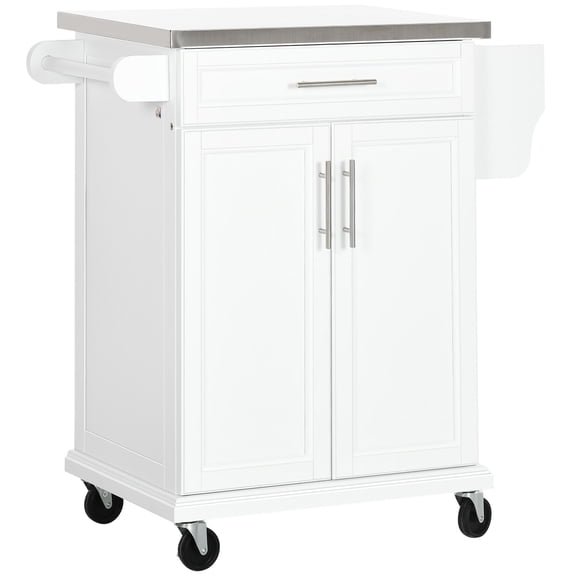 Dranite Kitchen Cart on Wheels, White, with Stainless Steel Countertop, Drawer, Towel & Spice Rack
