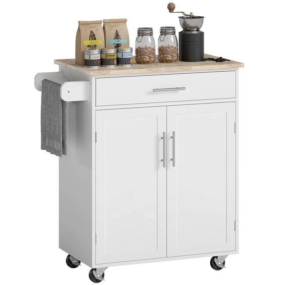 Dranite Kitchen Island Cart Rolling Trolley Cart with Drawer, Storage Cabinet & Towel Rack, White
