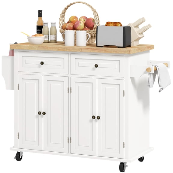 Dranite Kitchen Island on Wheels, Rolling Cart with Rubberwood Top, Spice Rack, Towel Rack and Drawers, Cream White