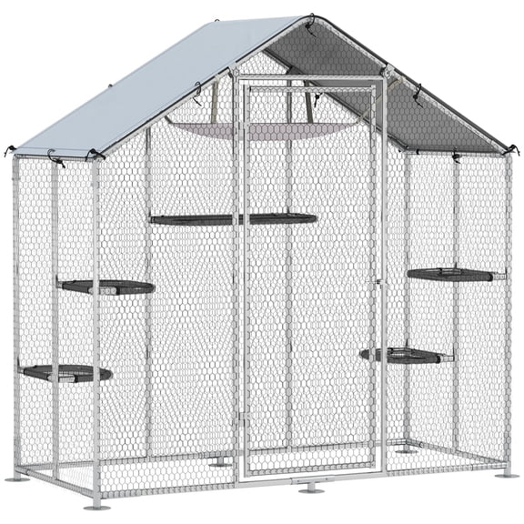 Dranite Large Walk-in Catio Outdoor Enclosure with Waterproof Cover, 5 Adjustable Platforms & Hammock