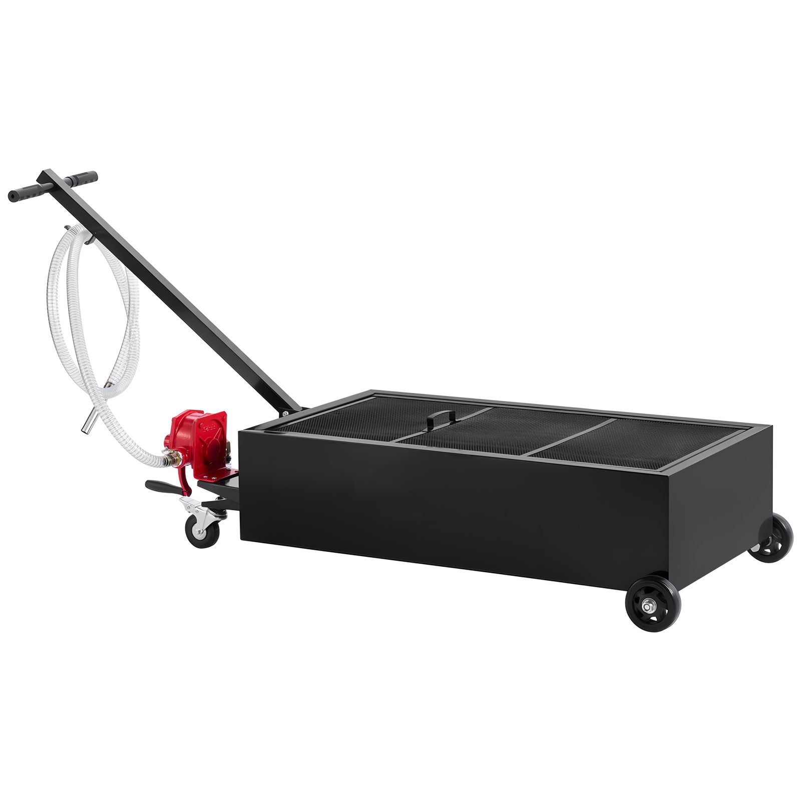Dranite Low-Profile Rolling Oil Drain Pan with Manual Pump, 25-Gallon Capacity, 7.2-ft Hose & Foldable Handle, Leakproof & Corrosion-Resistant for Cars, Trucks, ATVs, Black