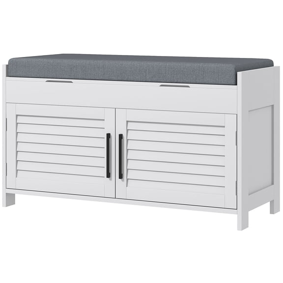 Dranite Modern Entryway Shoe Storage Bench with Cushion, Shutter Doors Adjustable Shelves Hidden Compartments, White