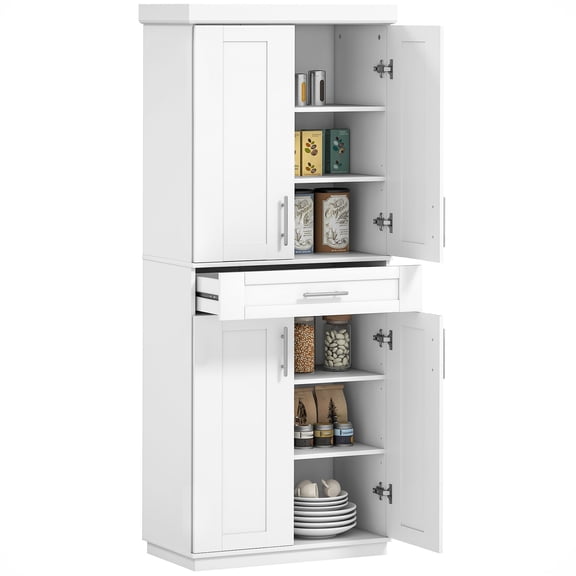 Dranite Modern Freestanding Kitchen Pantry Storage Cabinet with 4 Doors, Drawer & 3 Adjustable Shelves for Dining Room, White