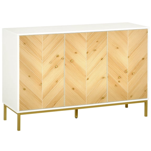 Dranite Natural Wood 3 Door Coffee Bar Sideboard Cabinet, Chevron Surface Design with Adjustable Shelf & Metal Support Legs