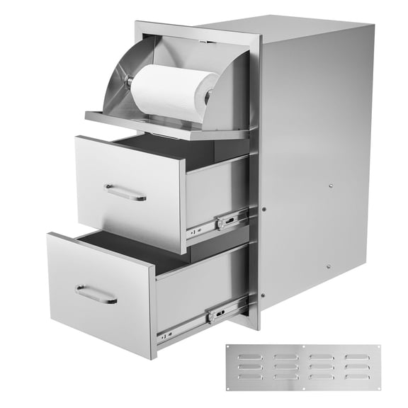 Dranite Outdoor BBQ Island Double Drawers, 17x30x21 Inch Stainless Steel with Paper Towel Holder