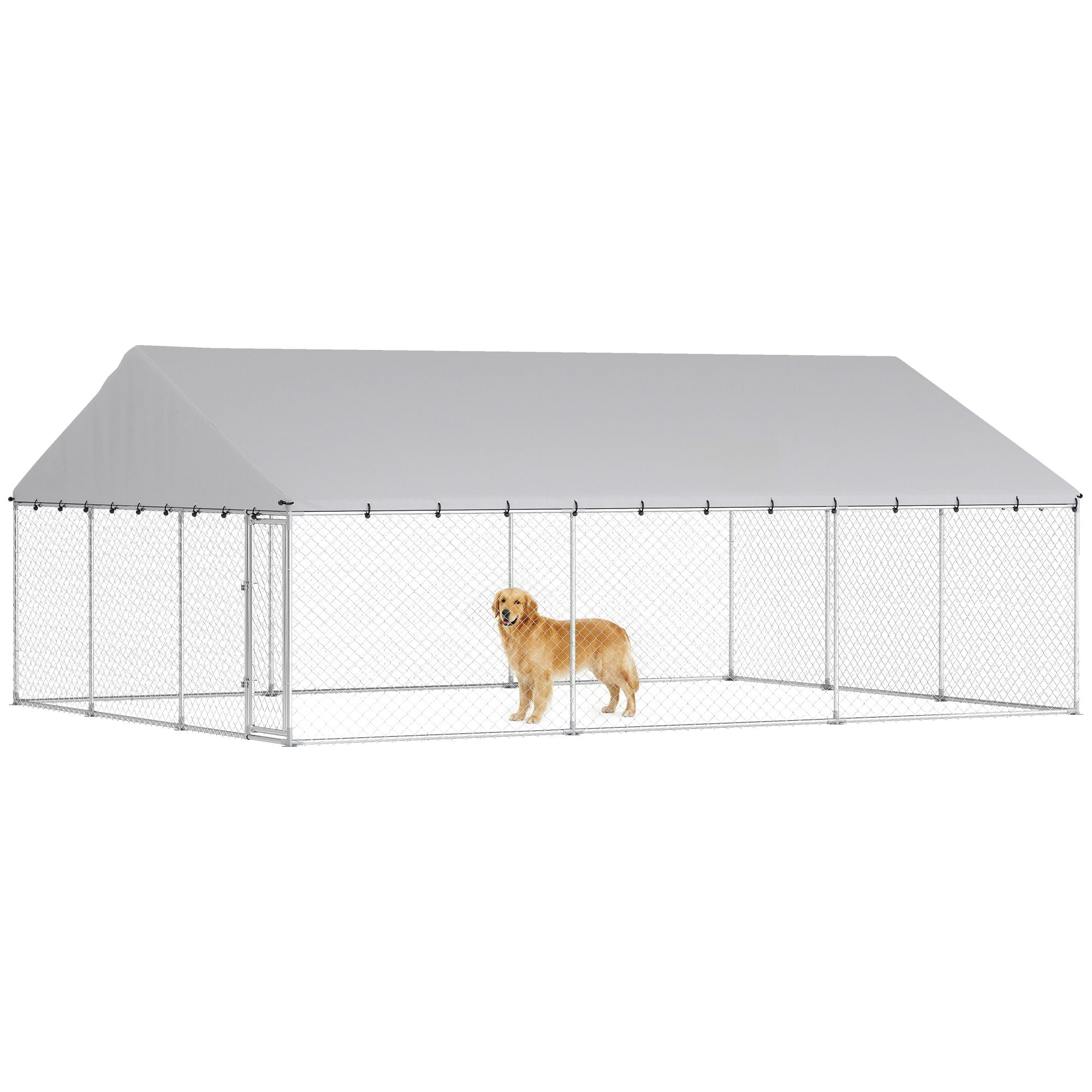 Dranite Outdoor Dog Kennel, 20' x 15' x 8' Chain Link Dog Run with Waterproof Roof & 2 Secure Latches