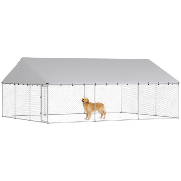 Dranite Outdoor Dog Kennel, 20' x 15' x 8' Chain Link Dog Run with Waterproof Roof & 2 Secure Latches