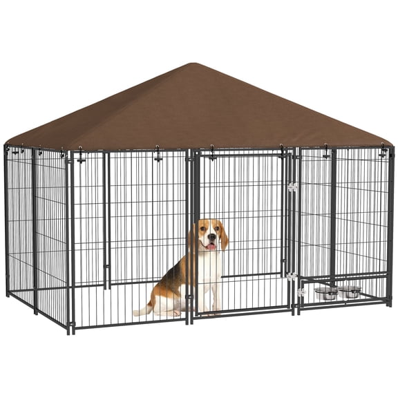 Dranite Outdoor Dog Kennel, 6.9' x 4.6' x 5' Puppy Play Pen with Canopy, Black