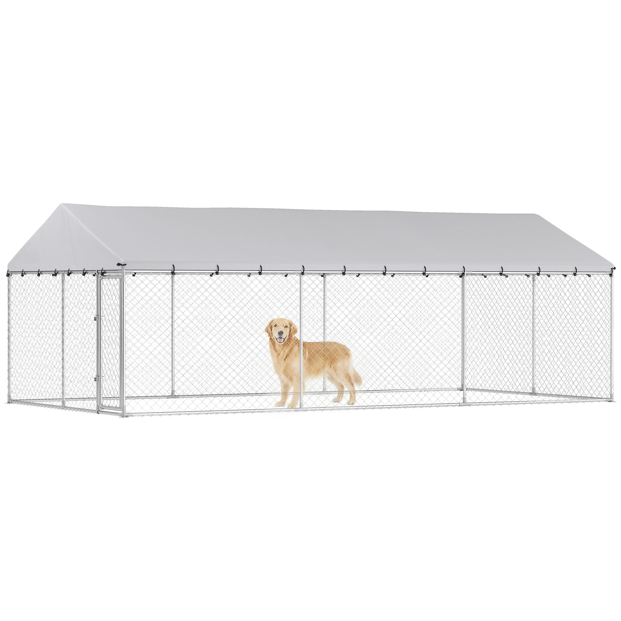 Dranite Outdoor Dog Kennel with Waterproof Roof, 20' x 10' x 7' Chain Link Dog Run, 2 Secure Latches for Backyard