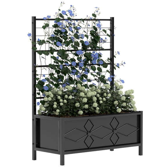 Dranite Outdoor Galvanized Raised Garden Bed Planter Box with Trellis for Climbing Vines, 35.4" x 15.7" x 47.2", Black