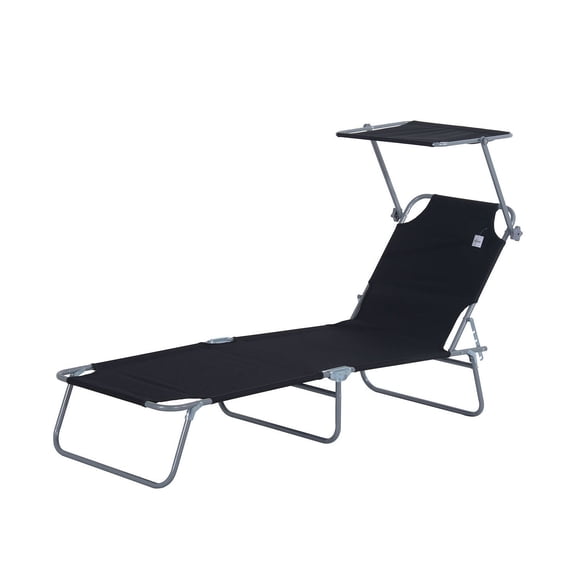 Dranite Outdoor Pool Chaise Lounge Chair, Folding Tanning Chair with Sun Shade, Black